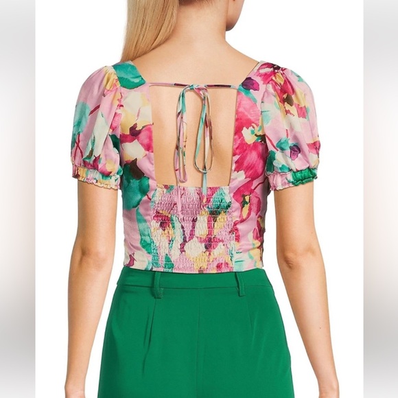 Pink Floral Puff Sleeve Crop Top Tie Back V-Neck Cottagecore Coquette Blouse - Picture 2 of 10